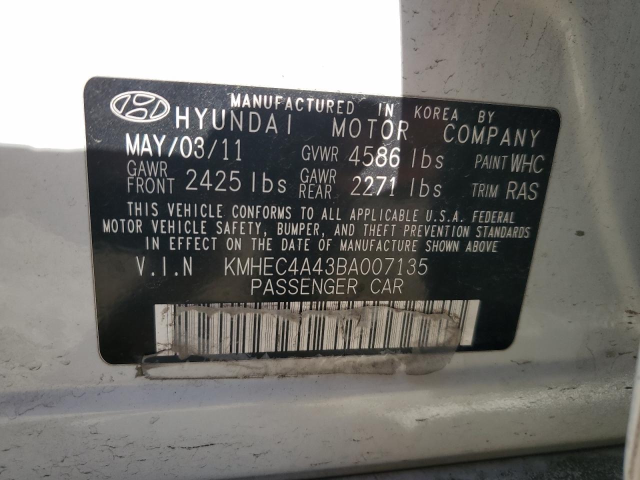 2011 Hyundai Sonata VIN KMHEC4A43BA007135 Copart auction photo, front end damage thumbnail 12