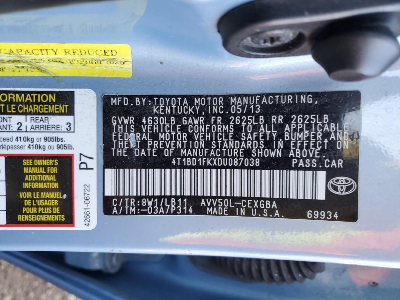 2013 Toyota Camry VIN 4T1BD1FKXDU087038 Copart auction photo, side damage thumbnail 12