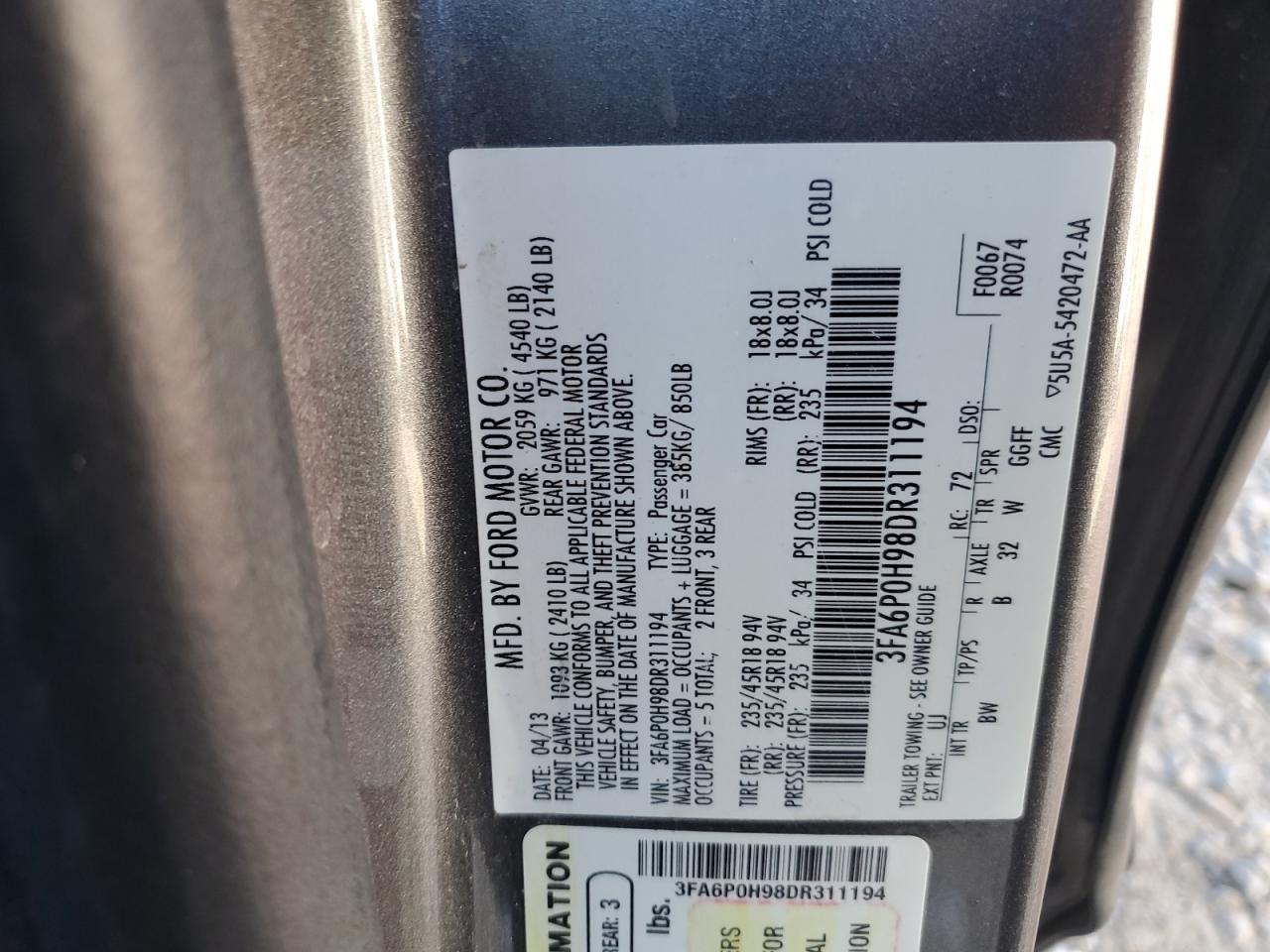 2013 Ford Fusion VIN 3FA6P0H98DR311194 Copart auction photo, rear end damage thumbnail 12