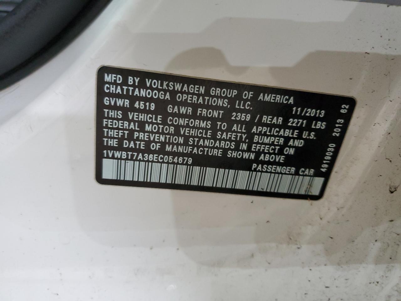 2014 Volkswagen Passat VIN 1VWBT7A36EC054679 Copart auction photo, front end damage thumbnail 12