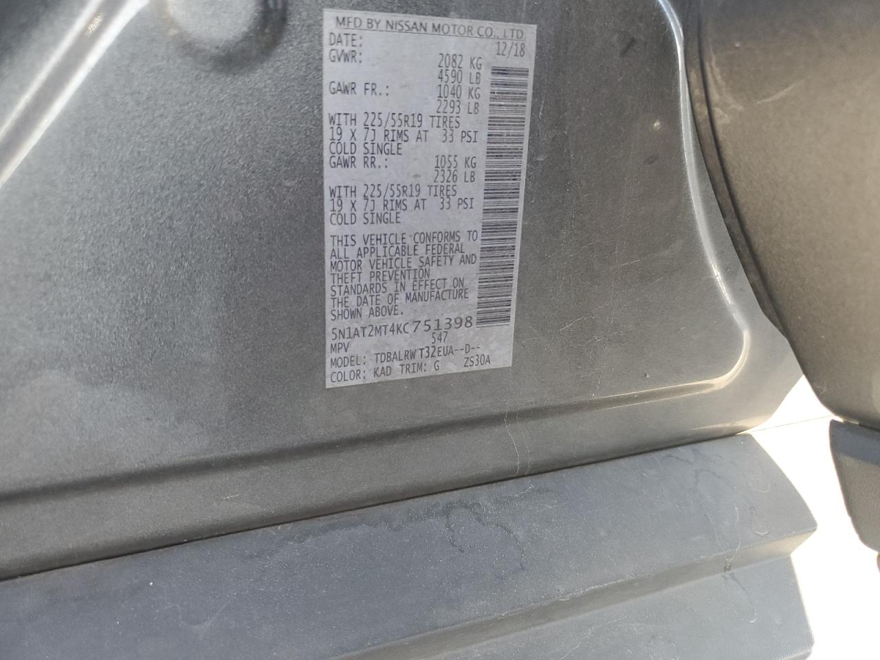 2019 Nissan Rogue VIN 5N1AT2MT4KC751398 Copart auction photo, front end damage thumbnail 15