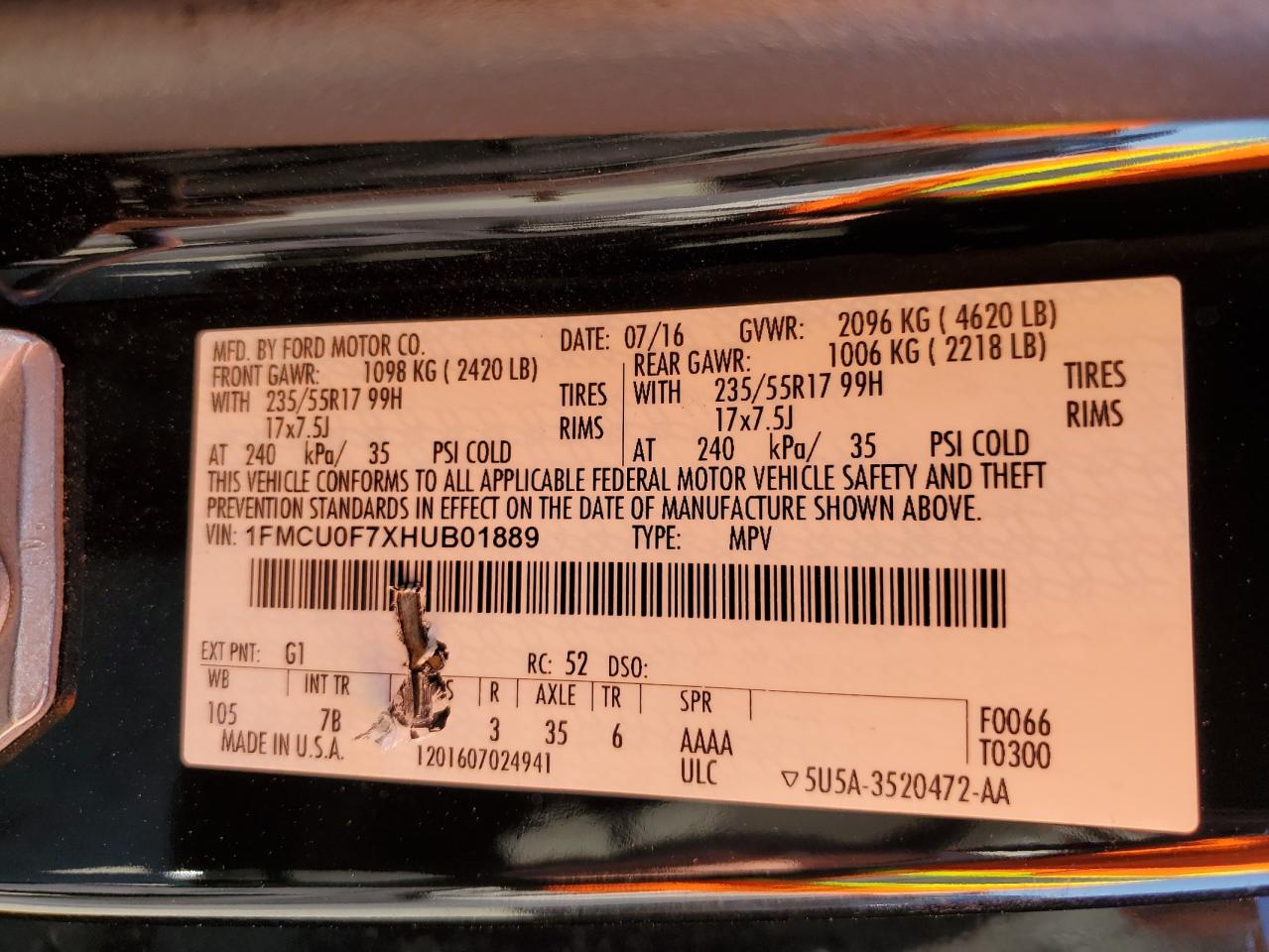 2017 Ford Escape VIN 1FMCU0F7XHUB01889 Copart auction photo, all over damage thumbnail 13