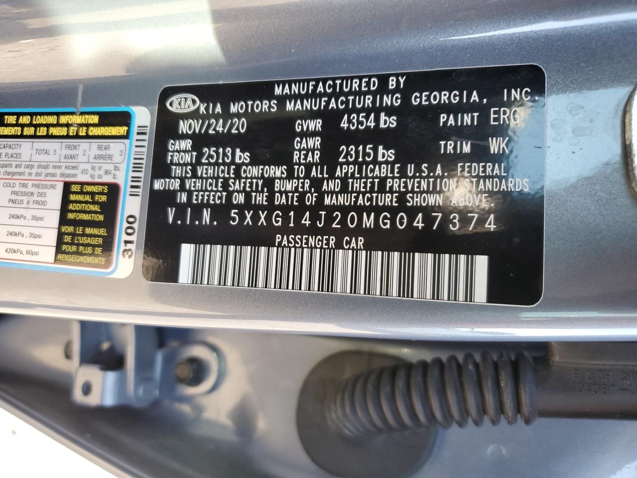 2021 KIA K5 VIN 5XXG14J20MG047374 Copart auction photo, side damage thumbnail 14