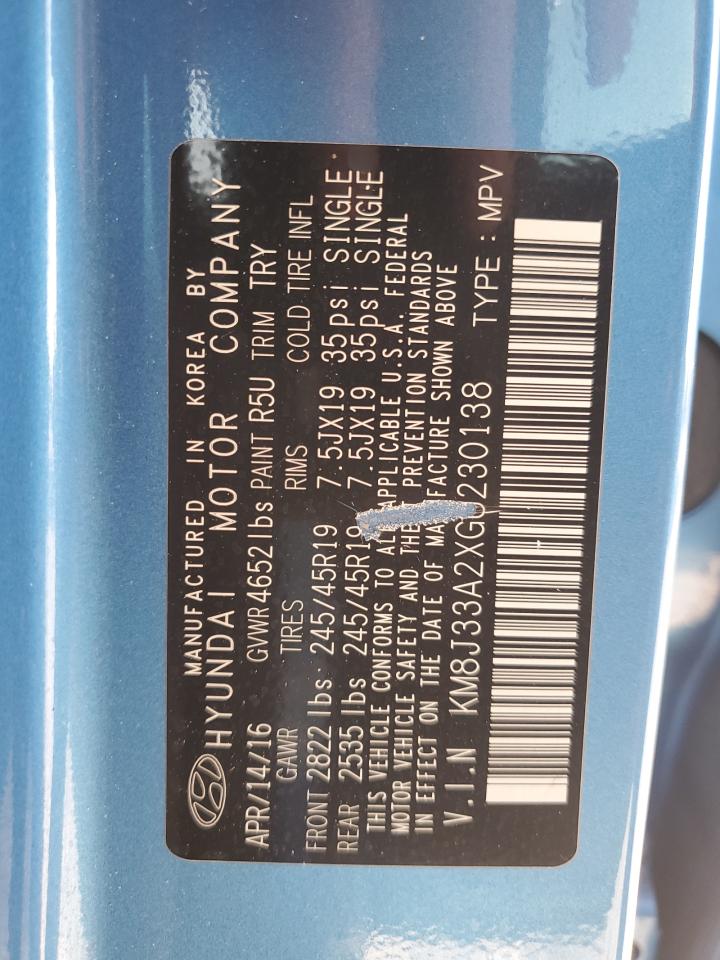 2016 Hyundai Tucson VIN KM8J33A2XGU230138 Copart auction photo, rear end damage thumbnail 14