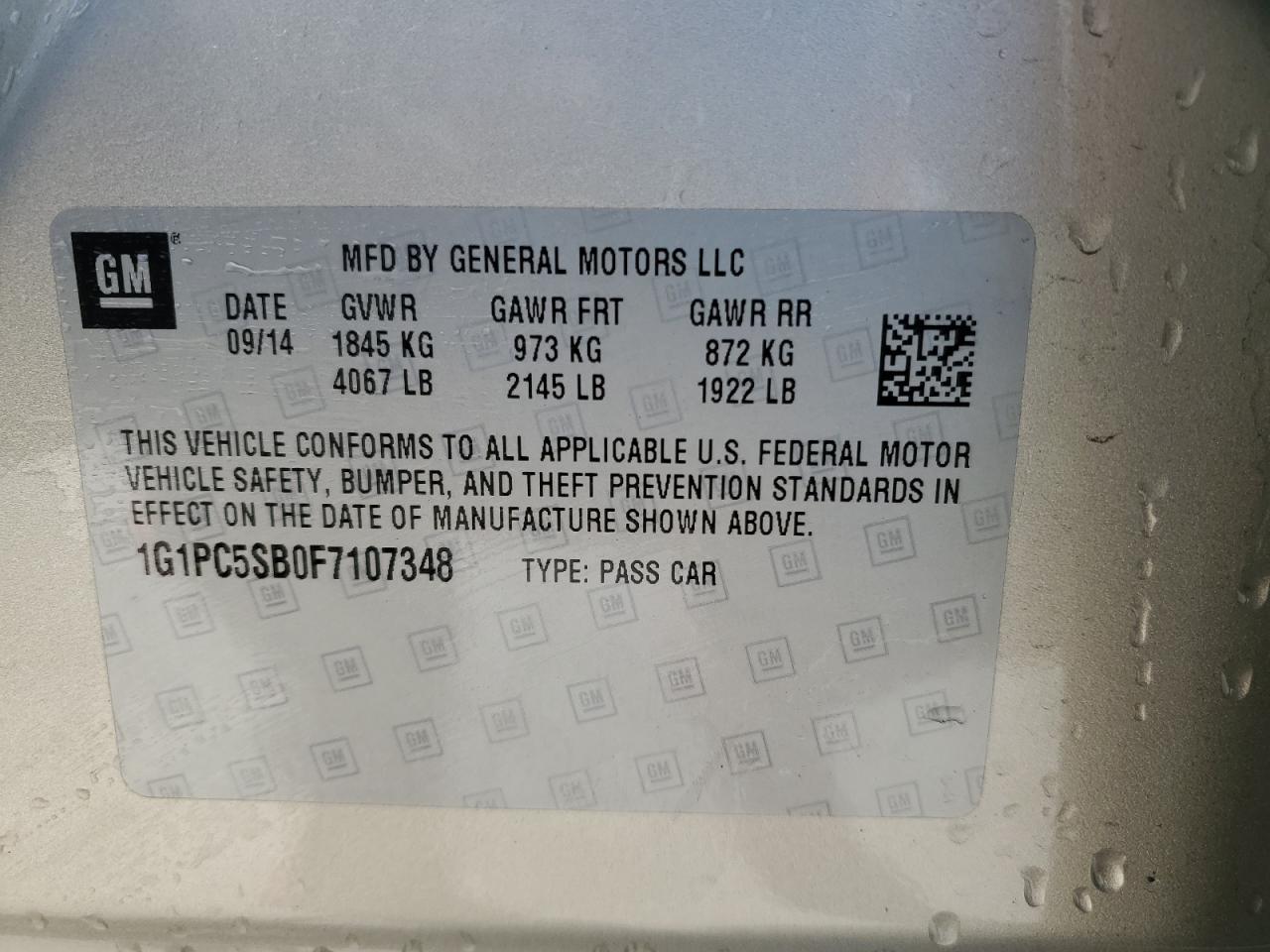 2015 Chevrolet Cruze VIN 1G1PC5SB0F7107348 Copart auction photo, front end / hail damage thumbnail 12