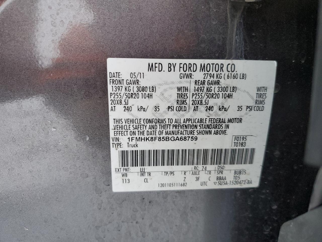 2011 Ford Explorer VIN 1FMHK8F85BGA68759 Copart auction photo, rear end damage thumbnail 15