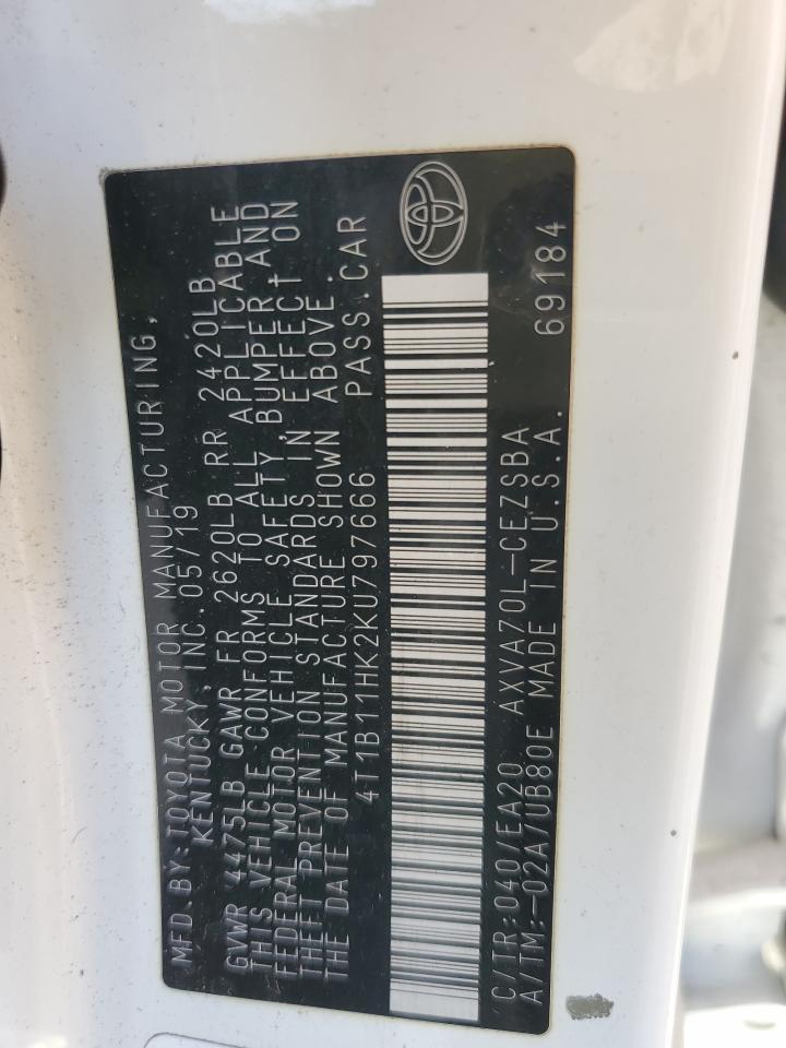 2019 Toyota Camry VIN 4T1B11HK2KU797666 Copart auction photo, rear end damage thumbnail 12