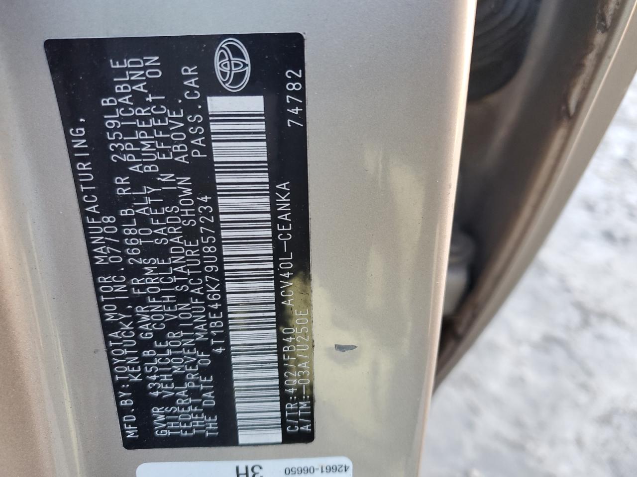 2009 Toyota Camry VIN 4T1BE46K79U857234 Copart auction photo, front end damage thumbnail 12