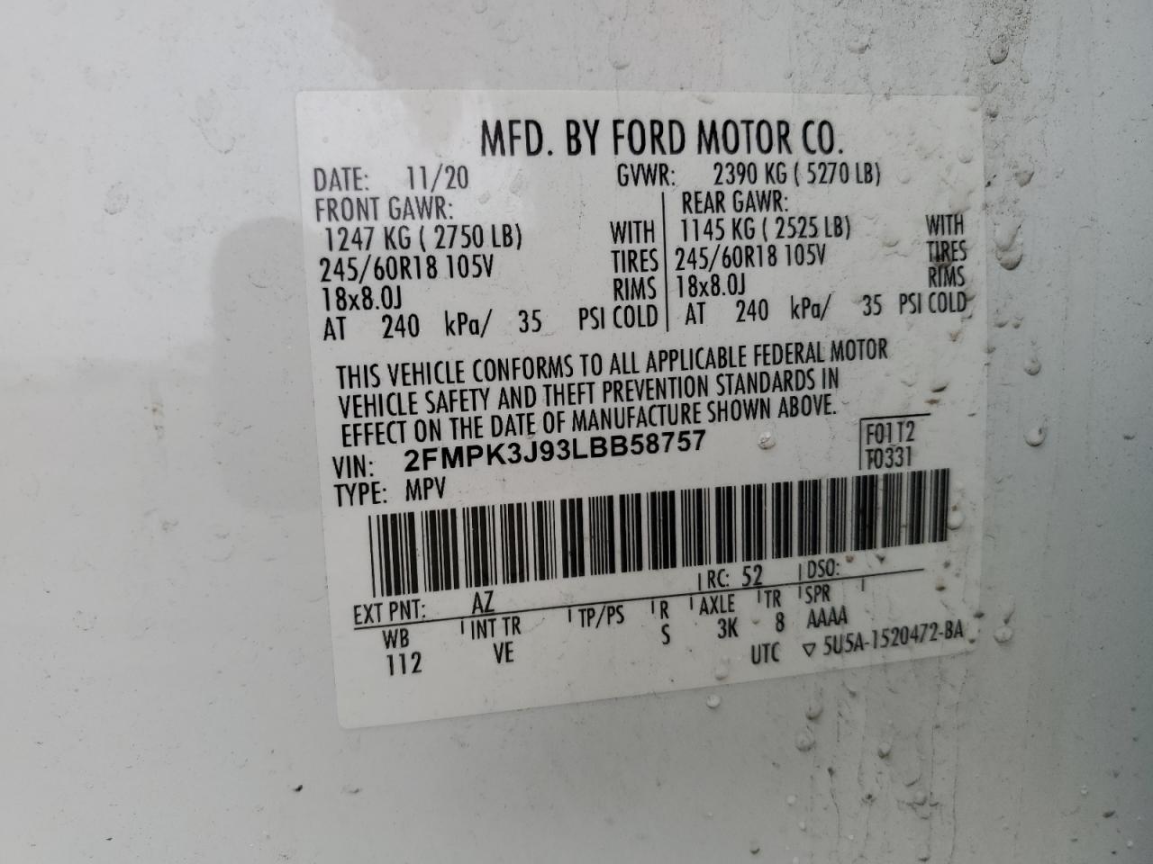 2020 Ford Edge VIN 2FMPK3J93LBB58757 Copart auction photo, front end / minor dent/scratches damage thumbnail 16