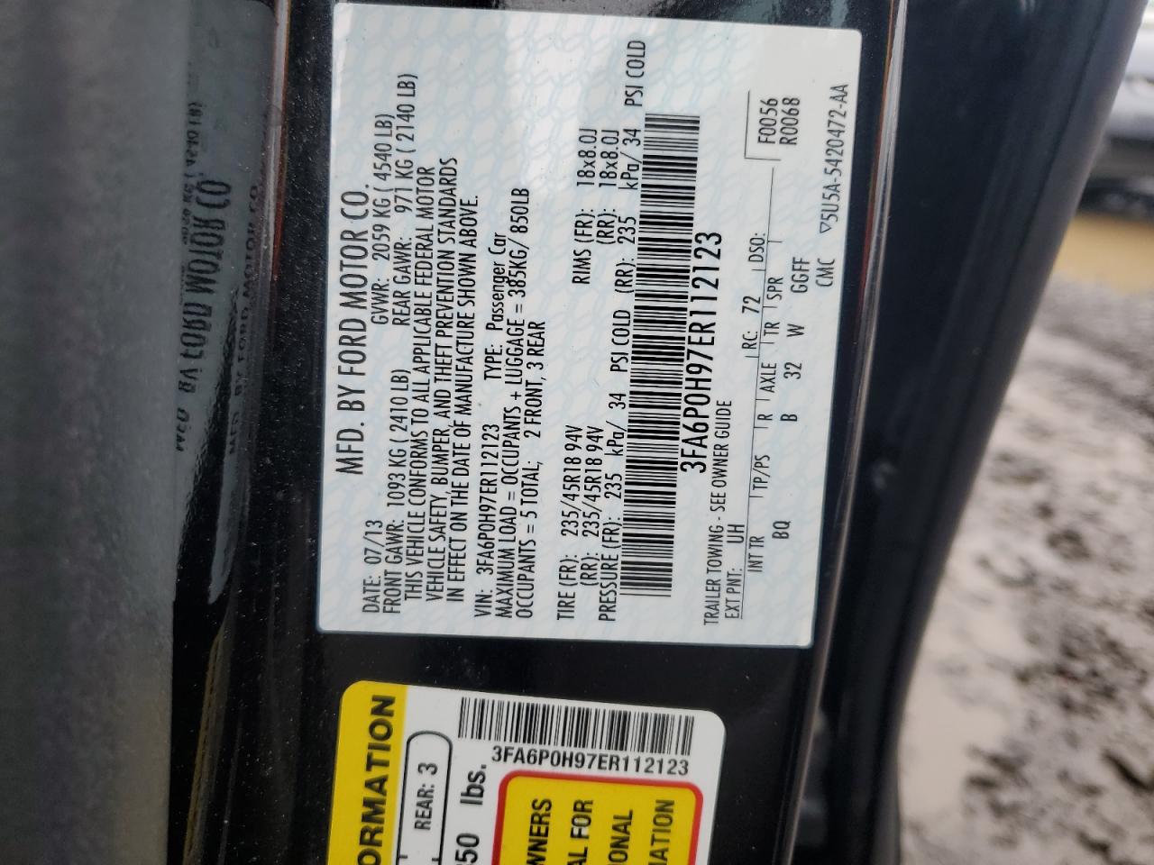 2014 Ford Fusion VIN 3FA6P0H97ER112123 Copart auction photo, front end damage thumbnail 12