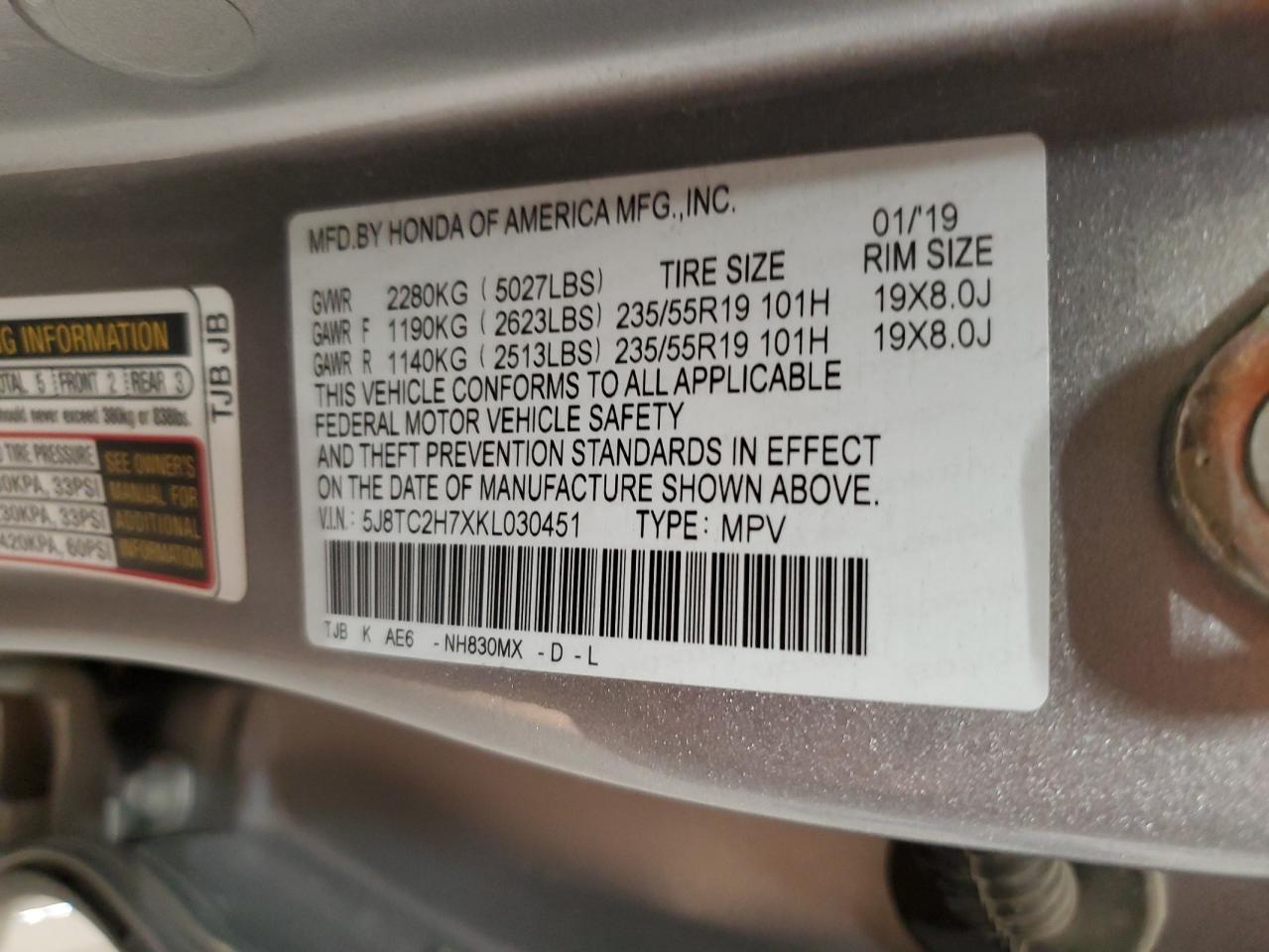2019 Acura RDX VIN 5J8TC2H7XKL030451 Copart auction photo, front end damage thumbnail 14