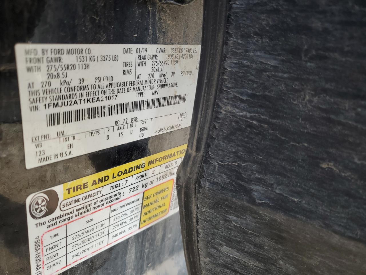 2019 Ford Expedition VIN 1FMJU2AT1KEA21017 Copart auction photo, side / front end damage thumbnail 15