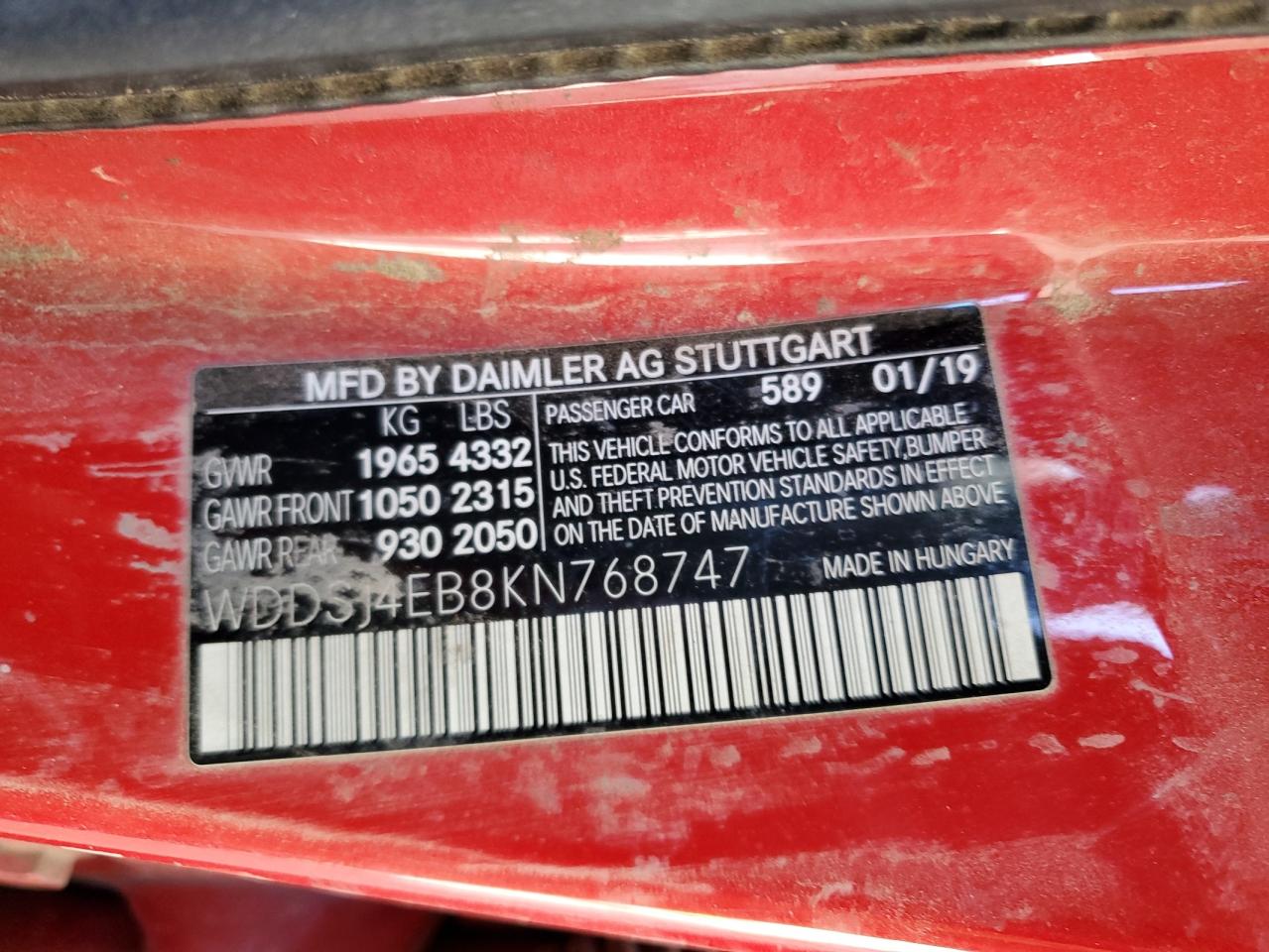 2019 Mercedes-Benz CLA-klasse VIN WDDSJ4EB8KN768747 Copart auction photo, all over damage thumbnail 12