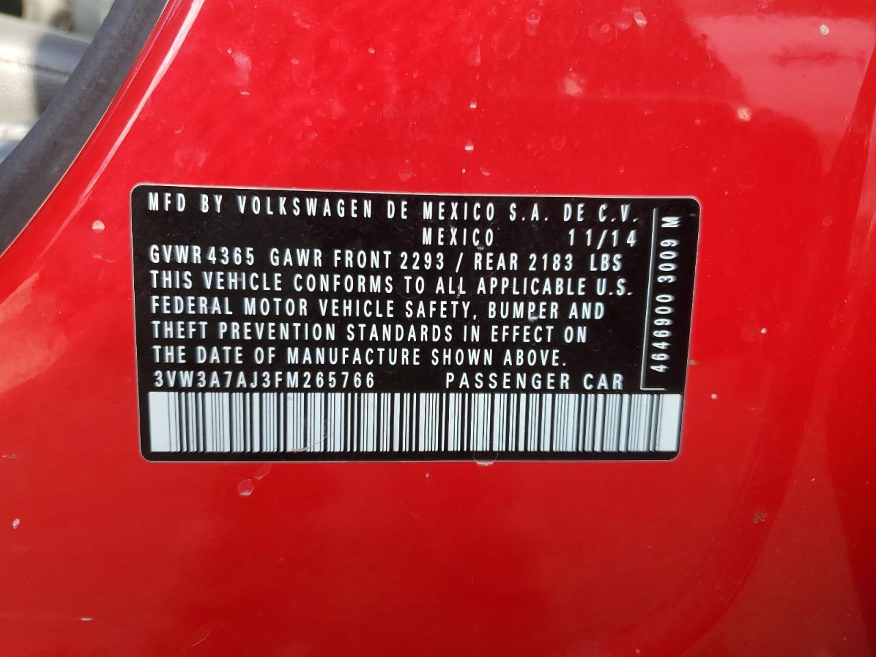 2015 Volkswagen Jetta VIN 3VW3A7AJ3FM265766 Copart auction photo, side damage thumbnail 12