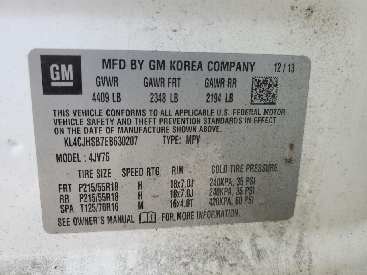 2014 Buick Encore VIN KL4CJHSB7EB630207 Copart auction photo, front end damage thumbnail 13