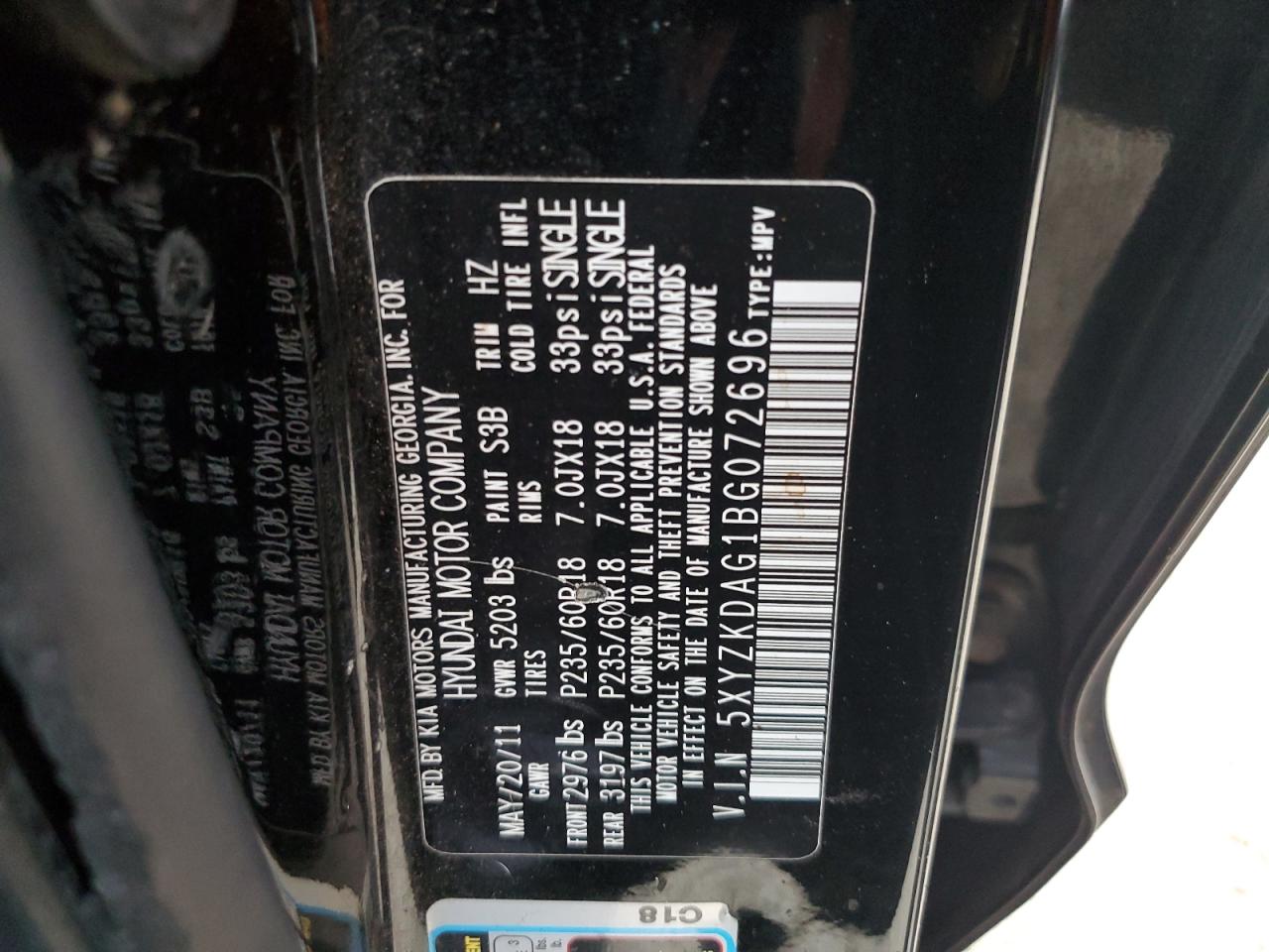 2011 Hyundai Santa Fe VIN 5XYZKDAG1BG072696 Copart auction photo, water/flood damage thumbnail 13