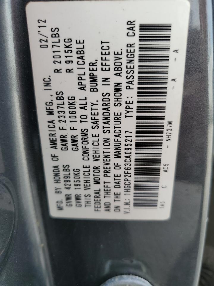 2012 Honda Accord VIN 1HGCP2F63CA095217 Copart auction photo, all over / minor dent/scratches damage thumbnail 12