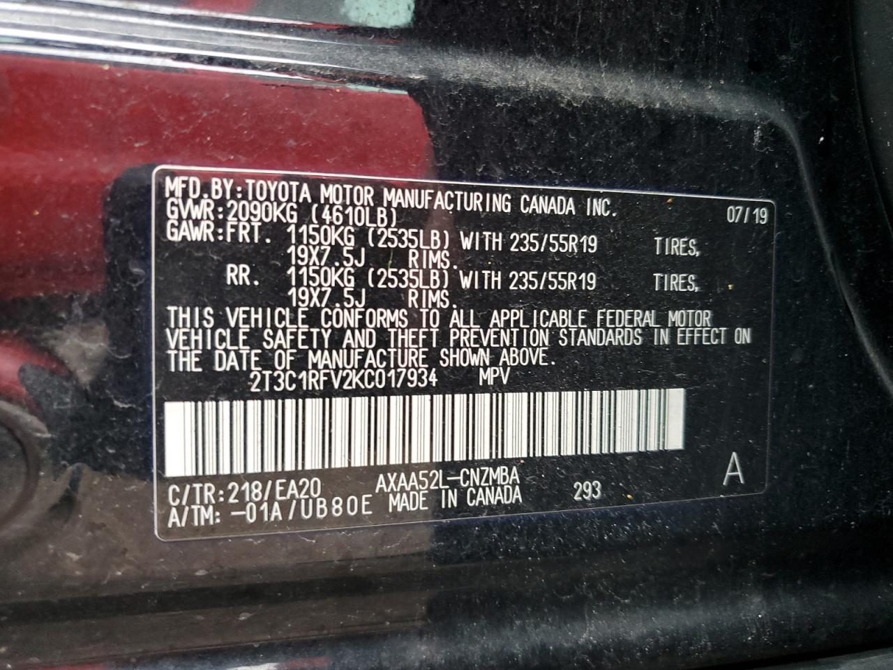 2019 Toyota RAV 4 VIN 2T3C1RFV2KC017934 Copart auction photo, rear end / minor dent/scratches damage thumbnail 13