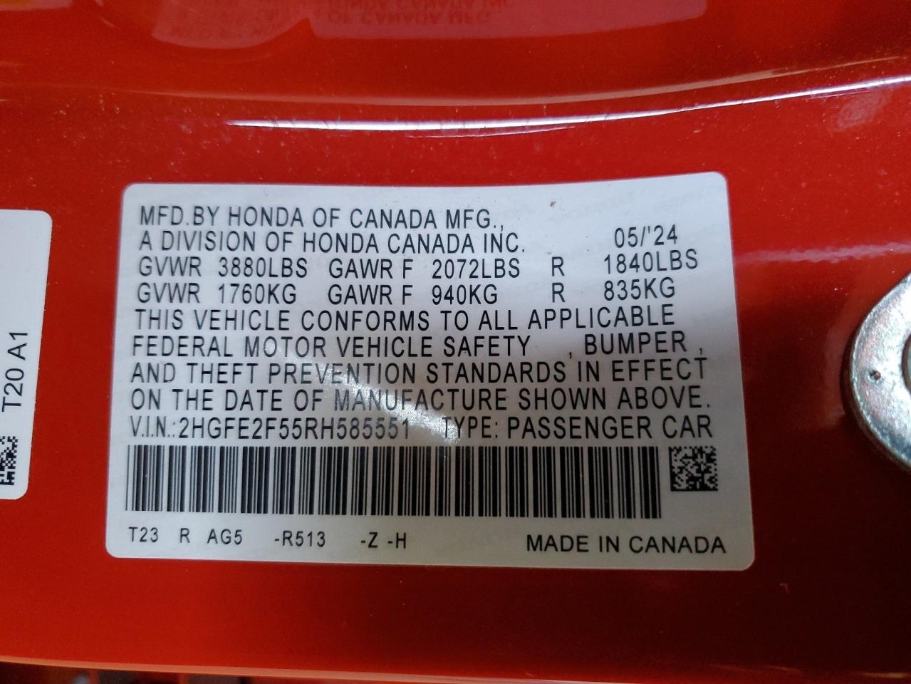 2024 Honda Civic VIN 2HGFE2F55RH585551 Copart auction photo, front end / rear end damage thumbnail 12