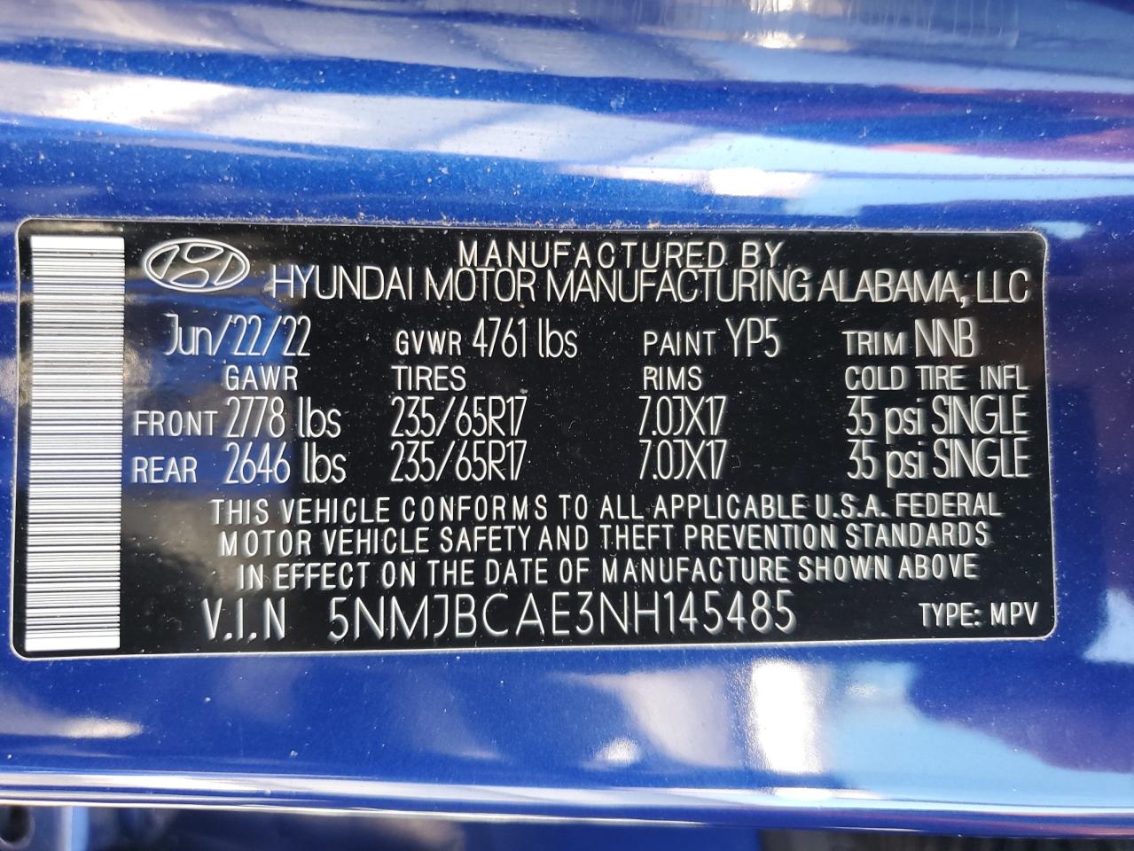 2022 Hyundai Tucson VIN 5NMJBCAE3NH145485 Copart auction photo, rear end damage thumbnail 15