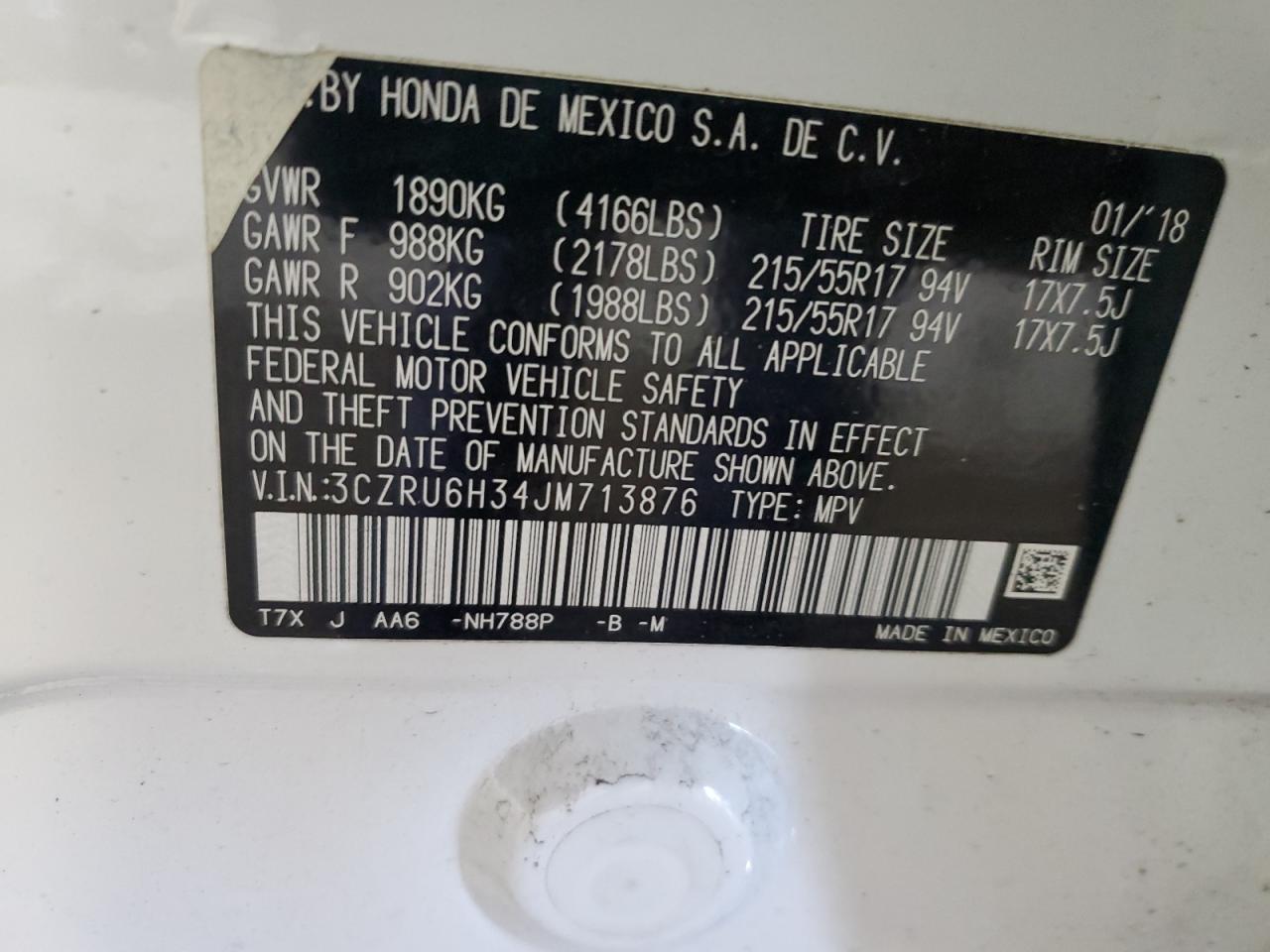 2018 Honda HR-V VIN 3CZRU6H34JM713876 Copart auction photo, front end damage thumbnail 14