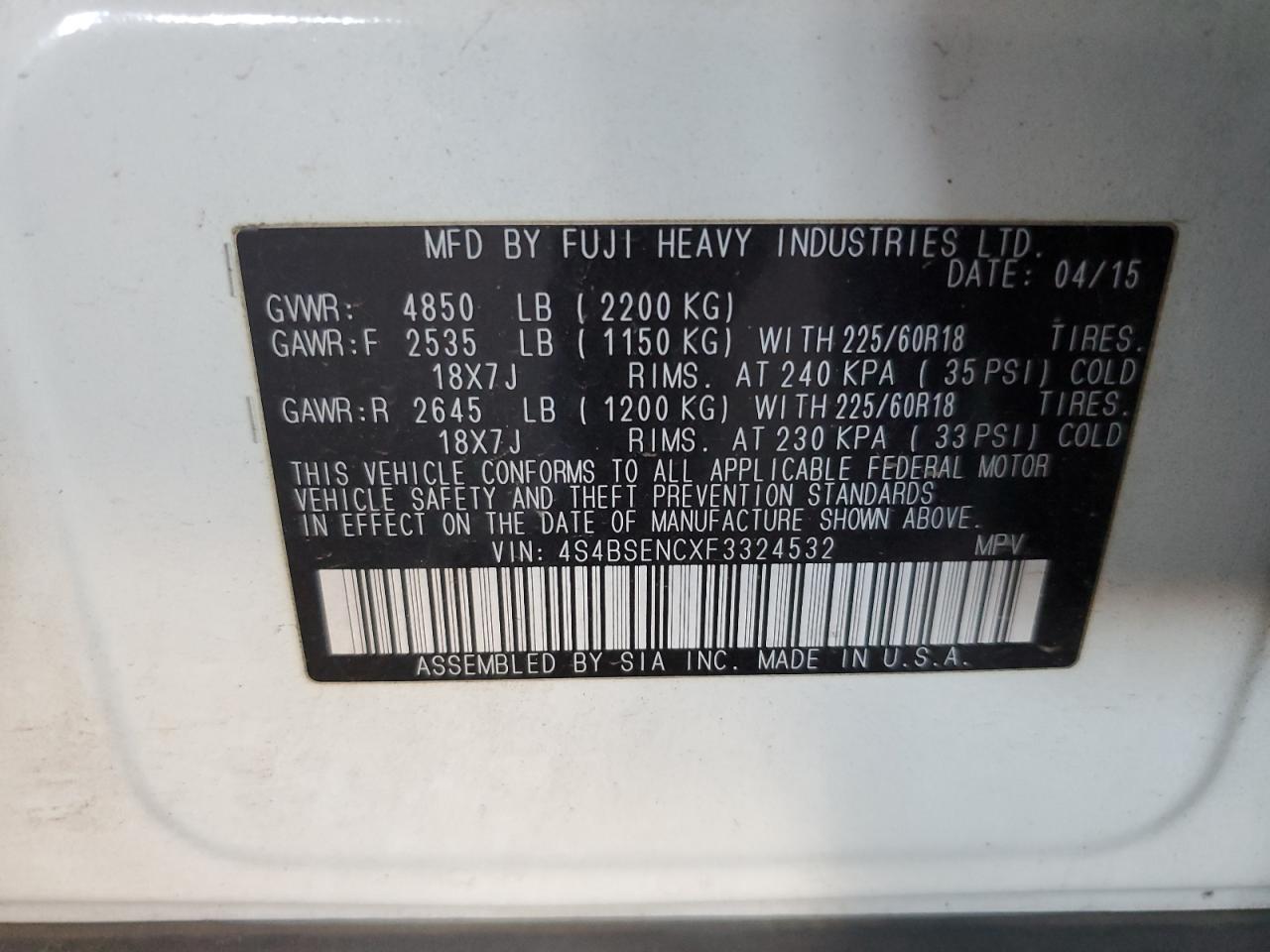 2015 Subaru Outback VIN 4S4BSENCXF3324532 Copart auction photo, front end damage thumbnail 15