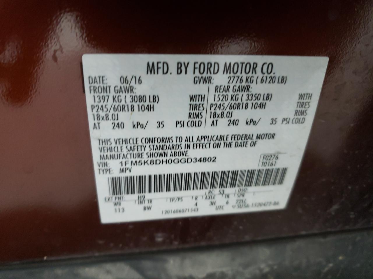 2016 Ford Explorer VIN 1FM5K8DH0GGD34802 Copart auction photo, minor dent/scratches damage thumbnail 13