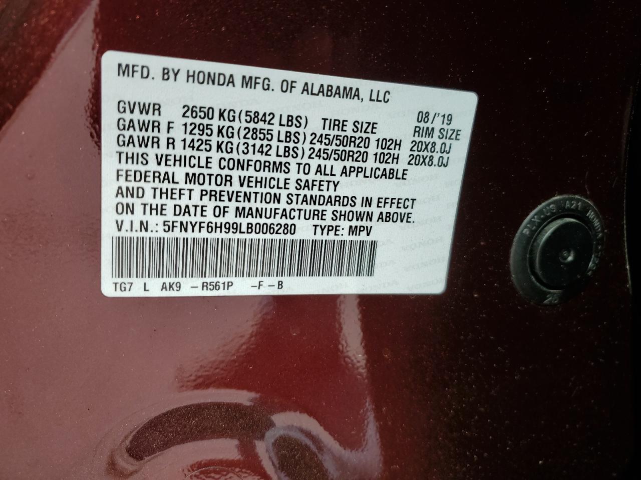 2020 Honda Pilot VIN 5FNYF6H99LB006280 Copart auction photo, rear end damage thumbnail 13