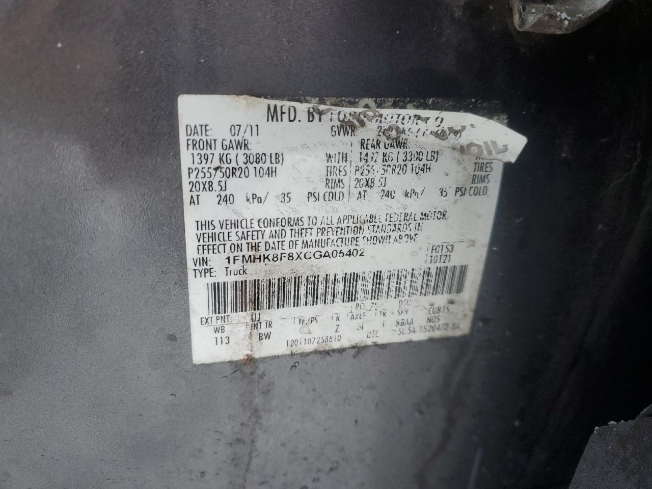 2012 Ford Explorer VIN 1FMHK8F8XCGA05402 Copart auction photo, front end damage thumbnail 15