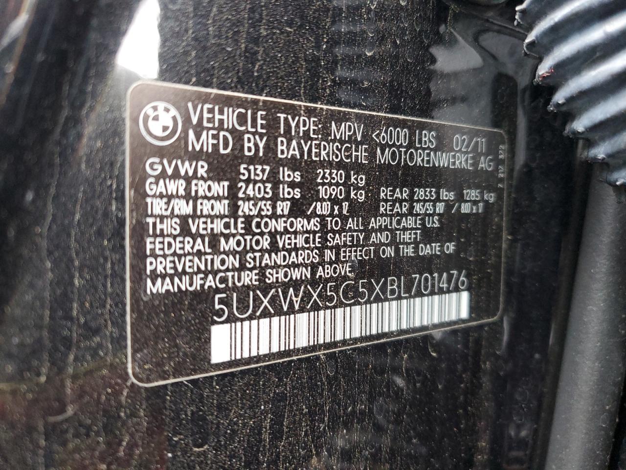 2011 BMW X3 VIN 5UXWX5C5XBL701476 Copart auction photo, top/roof damage thumbnail 13
