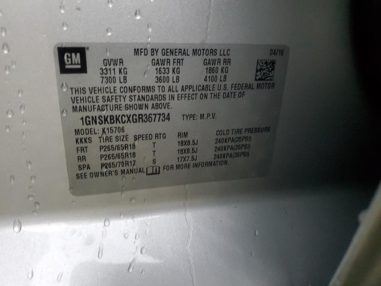 2016 Chevrolet Tahoe VIN 1GNSKBKCXGR367734 Copart auction photo, front end damage thumbnail 14