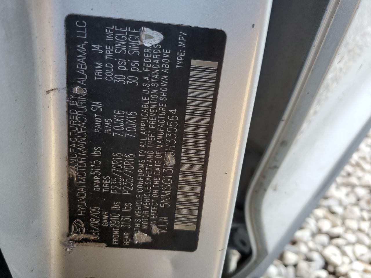 2009 Hyundai Santa Fe VIN 5NMSG13D99H330564 Copart auction photo, front end / side damage thumbnail 16