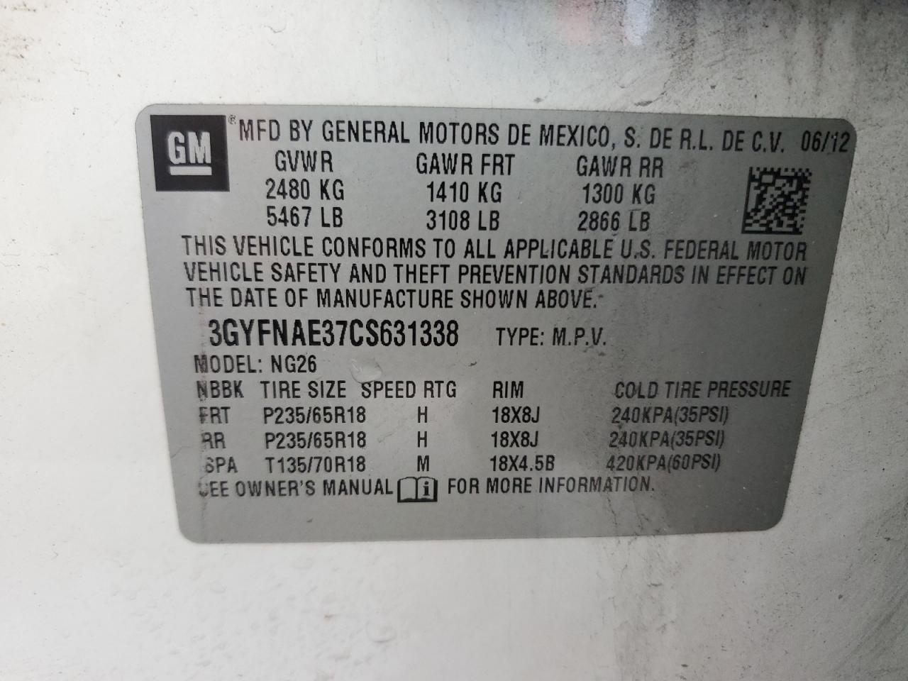 2012 Cadillac SRX VIN 3GYFNAE37CS631338 Copart auction photo, front end / mechanical damage thumbnail 13