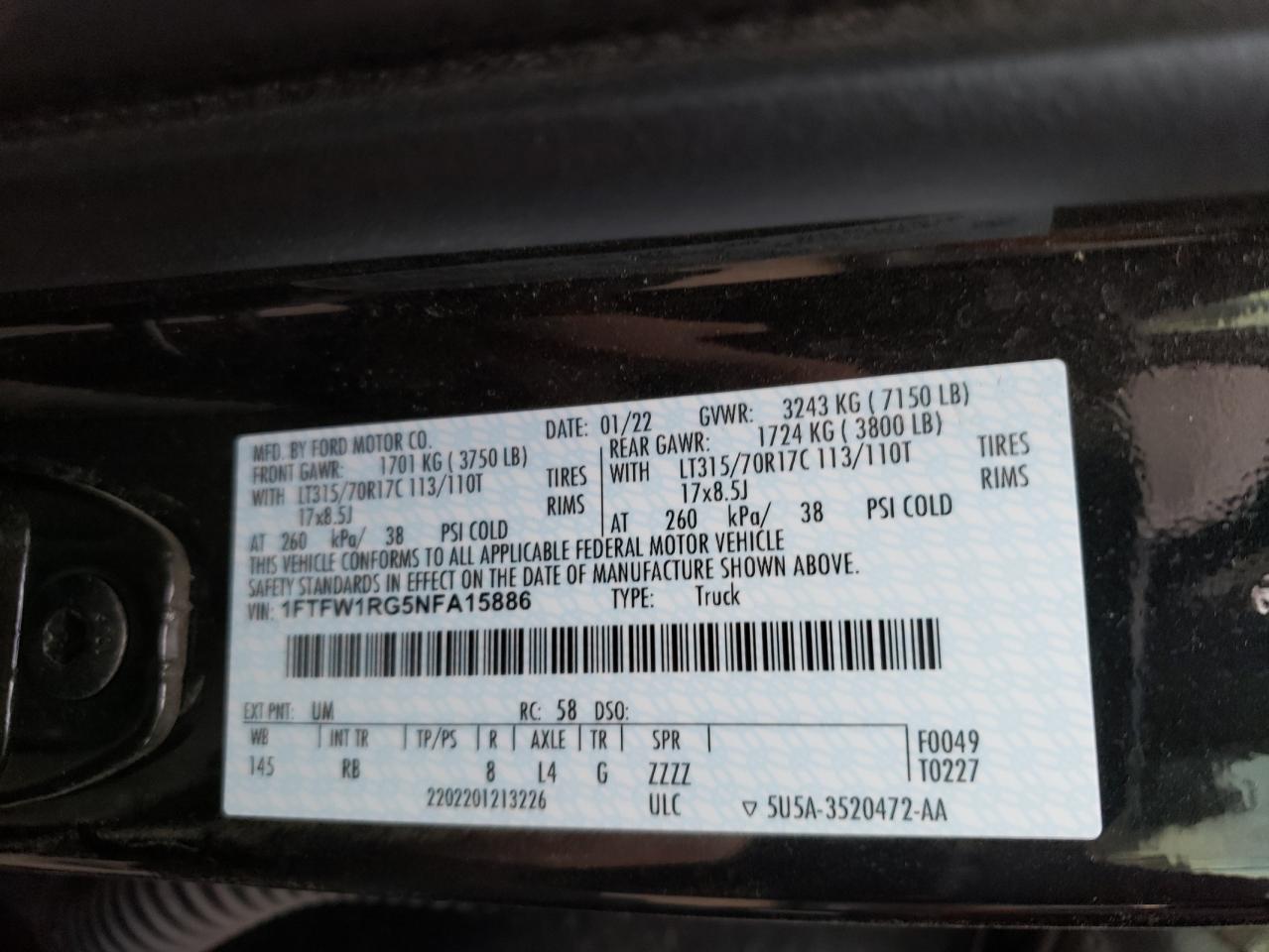 2022 Ford F-150 VIN 1FTFW1RG5NFA15886 Copart auction photo, rollover damage thumbnail 12