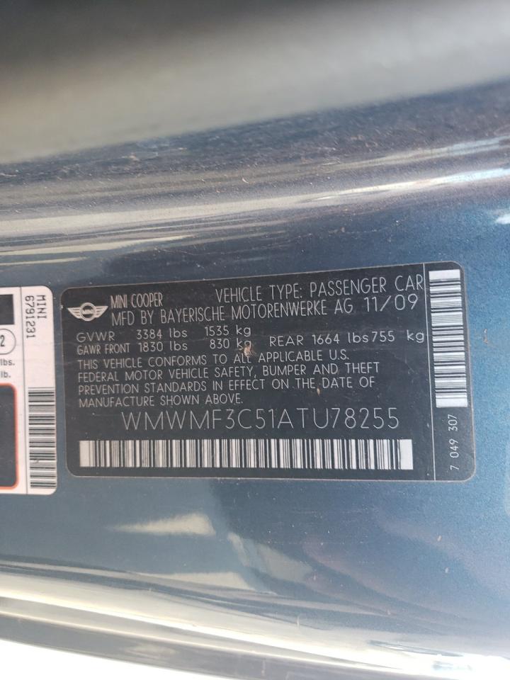 2010 MINI Cooper VIN WMWMF3C51ATU78255 Copart auction photo, front end damage thumbnail 14