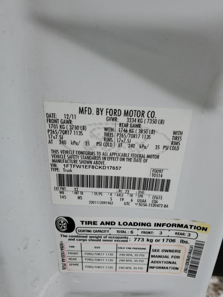 2012 Ford F-150 VIN 1FTFW1EF8CKD17657 Copart auction photo, front end damage thumbnail 12
