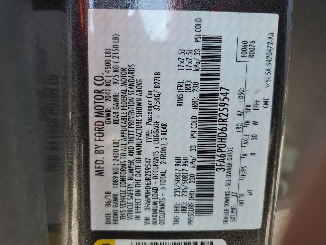 2018 Ford Fusion VIN 3FA6P0HD6JR259547 Copart auction photo, rear end damage thumbnail 12