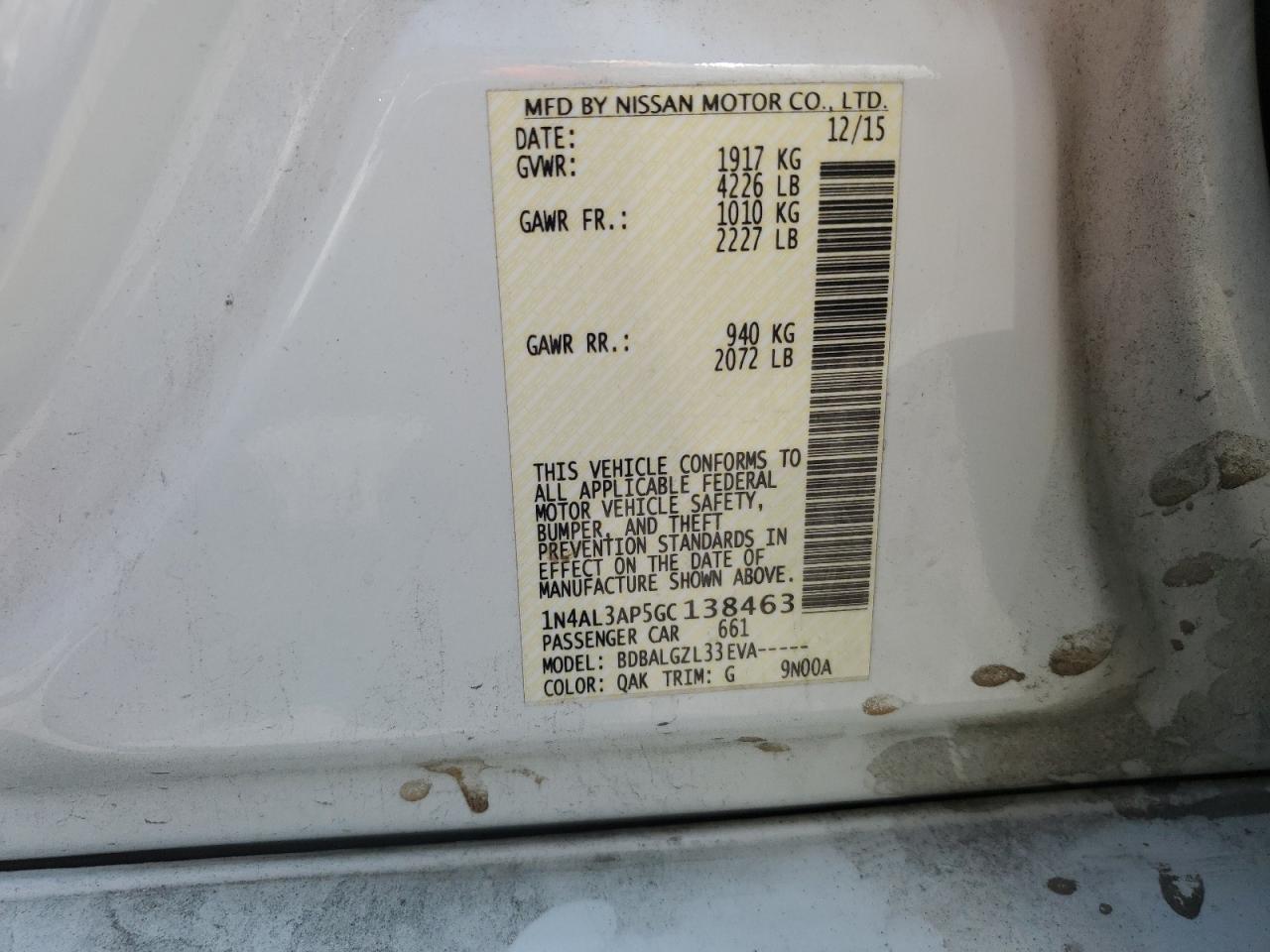 2016 Nissan Altima VIN 1N4AL3AP5GC138463 Copart auction photo, rear end damage thumbnail 13