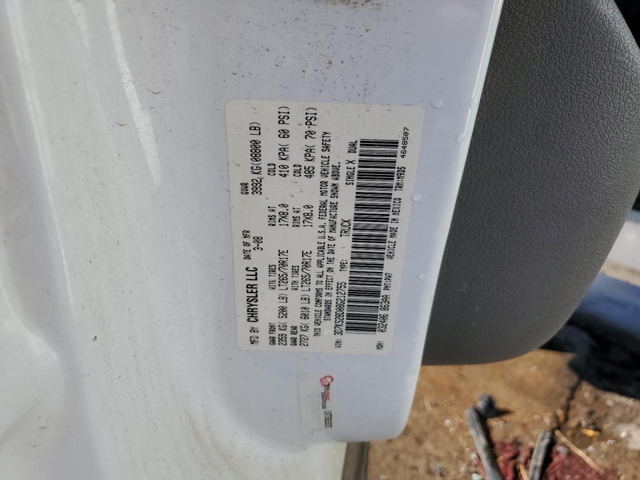 2008 Dodge RAM VIN 3D7KS28D08G212755 Copart auction photo, rollover damage thumbnail 13