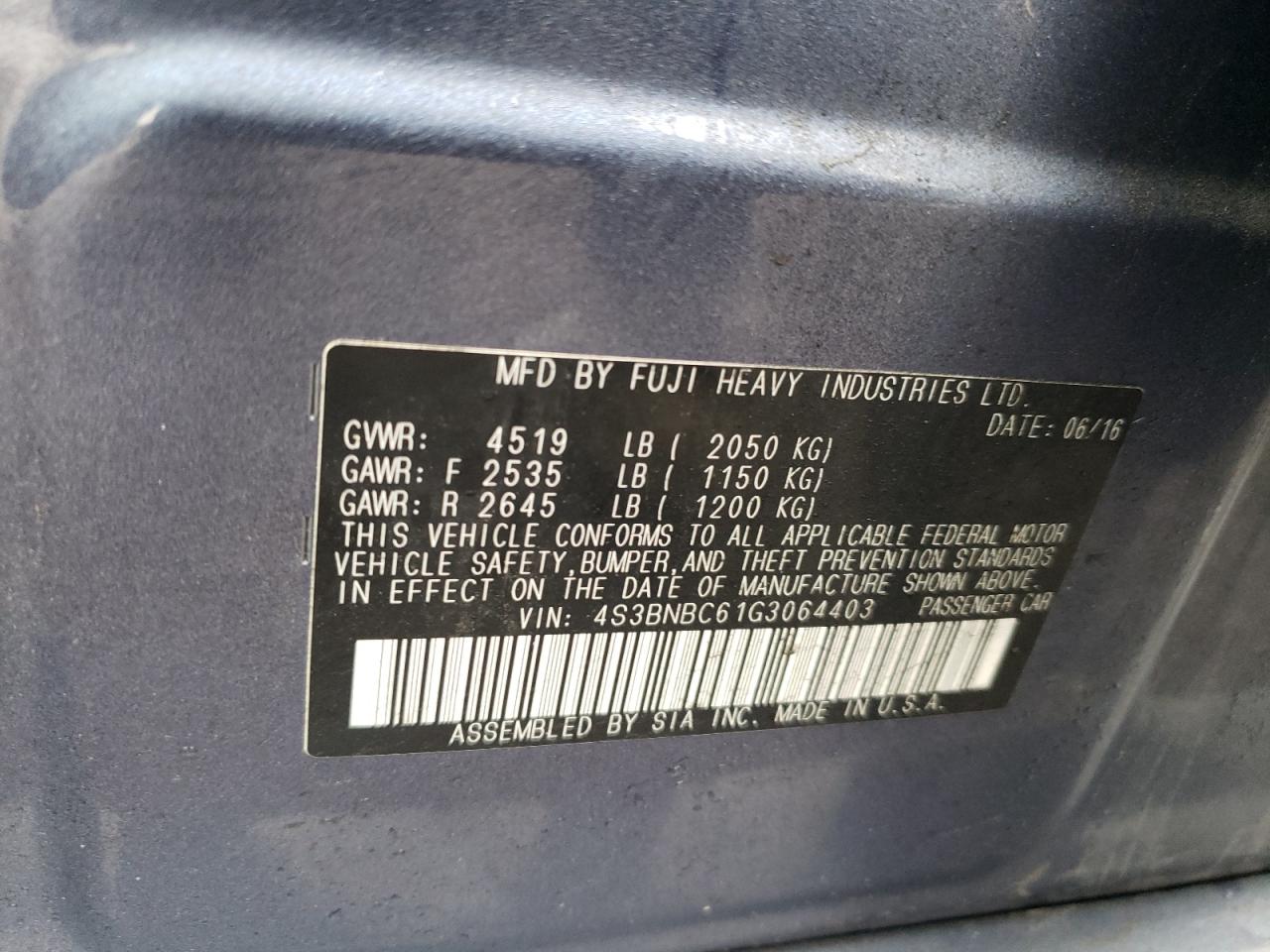 2016 Subaru Legacy VIN 4S3BNBC61G3064403 Copart auction photo, side / undercarriage damage thumbnail 13