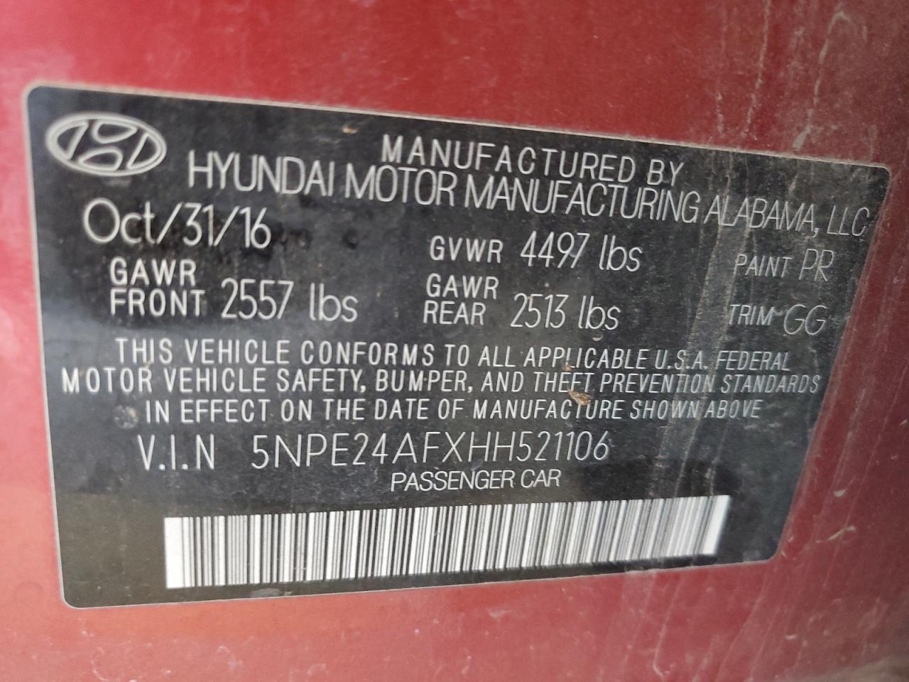 2017 Hyundai Sonata VIN 5NPE24AFXHH521106 Copart auction photo, front end / hail damage thumbnail 12