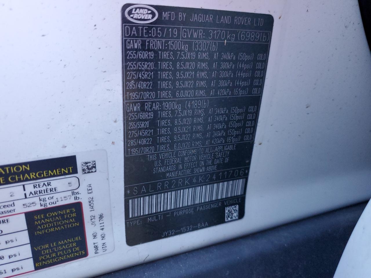2019 Land Rover Discovery VIN SALRR2RK4K2411706 Copart auction photo, front end / side damage thumbnail 13