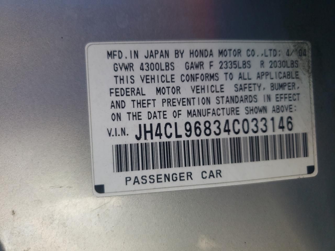 2004 Acura TSX VIN JH4CL96834C033146 Copart auction photo, rear end / front end damage thumbnail 12