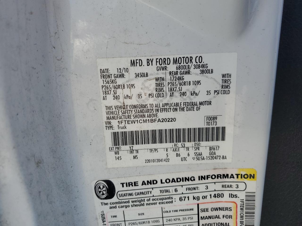 2011 Ford F-150 VIN 1FTEW1CM1BFA20220 Copart auction photo, mechanical / minor dent/scratches damage thumbnail 12