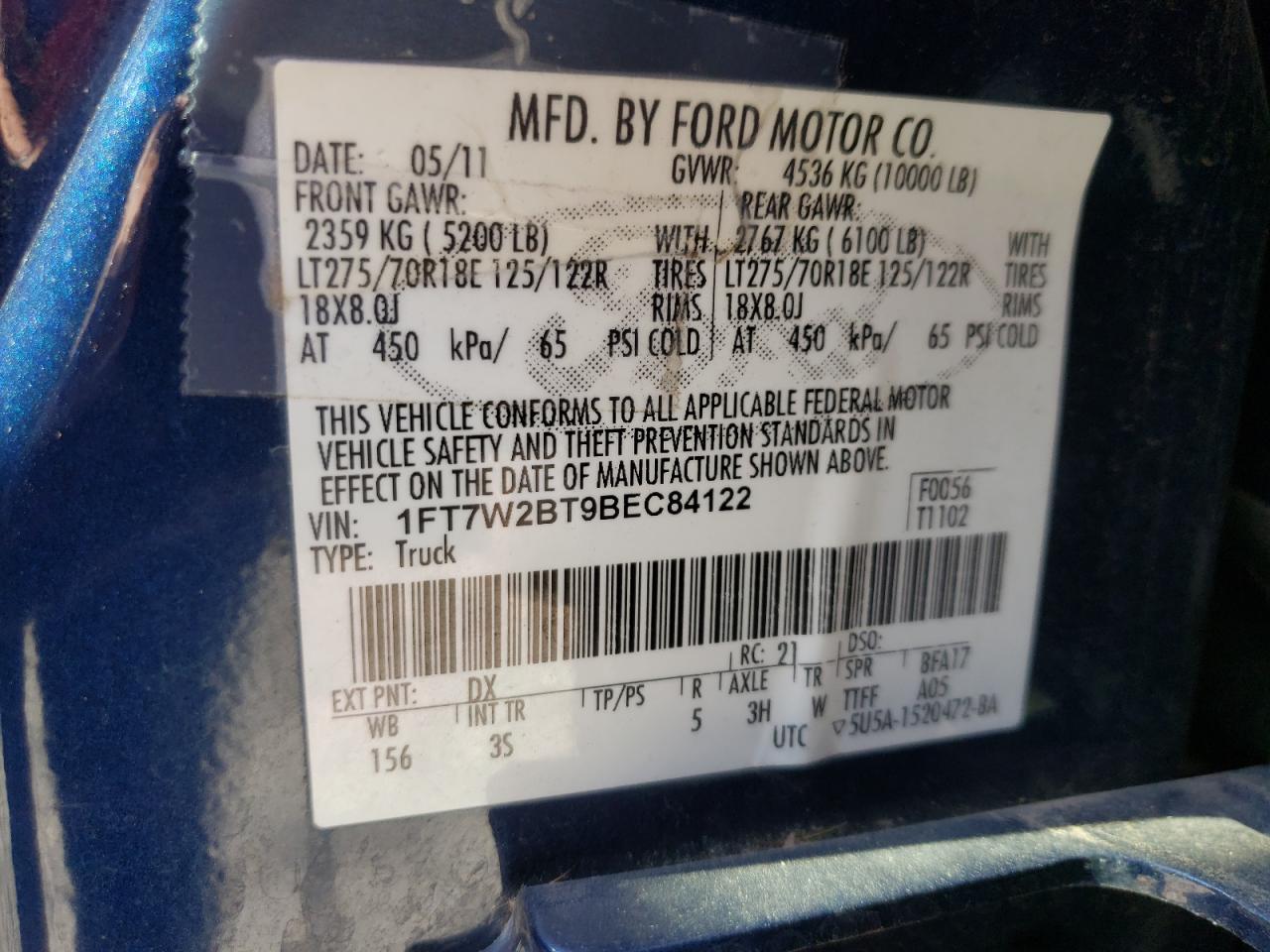 2011 Ford F250 VIN 1FT7W2BT9BEC84122 Copart auction photo, front end damage thumbnail 14