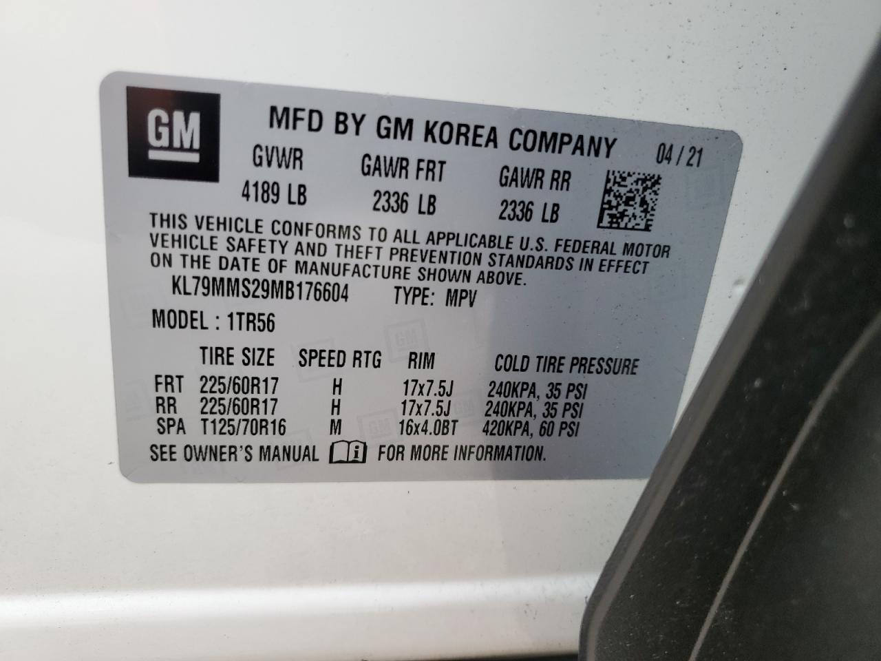 2021 Chevrolet TrailBlazer VIN KL79MMS29MB176604 Copart auction photo, front end damage thumbnail 12