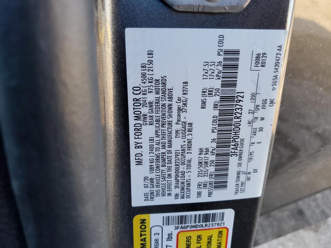 2020 Ford Fusion VIN 3FA6P0HD0LR237921 Copart auction photo, rear end damage thumbnail 14