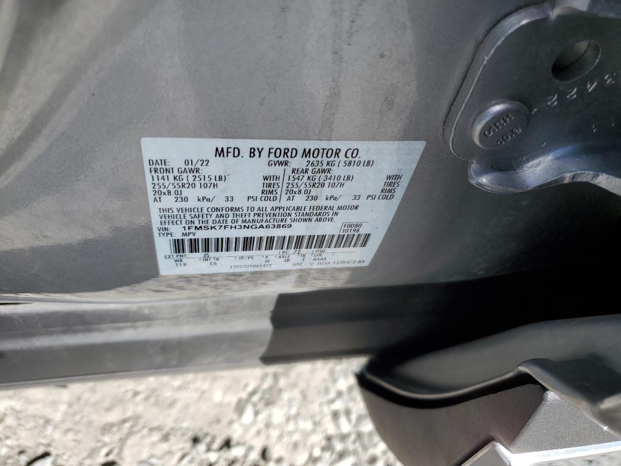 2022 Ford Explorer VIN 1FMSK7FH3NGA63869 Copart auction photo, front end / mechanical damage thumbnail 14