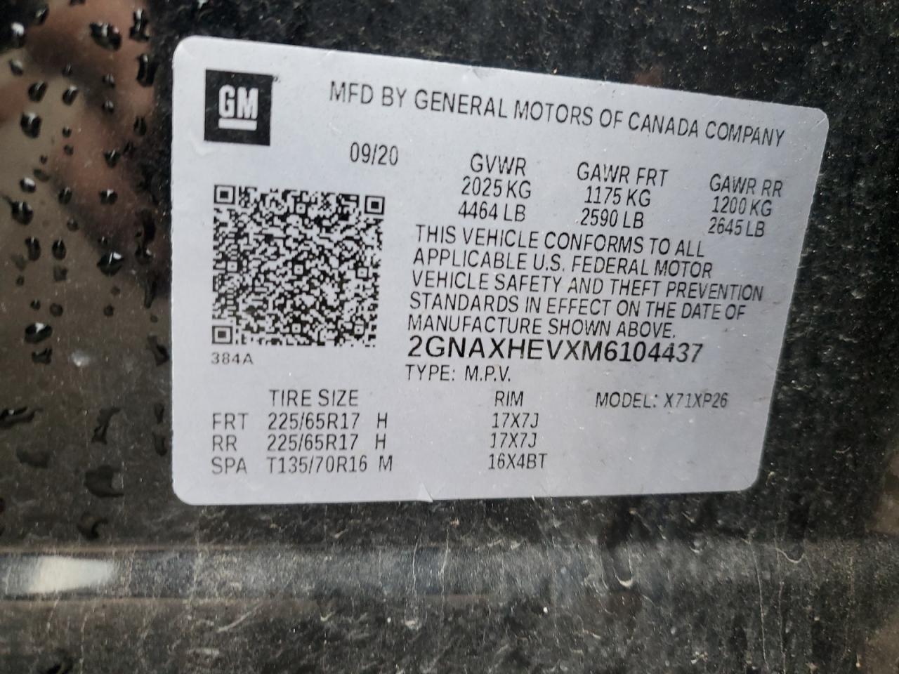 2021 Chevrolet Equinox VIN 2GNAXHEVXM6104437 Copart auction photo, front end / minor dent/scratches damage thumbnail 15