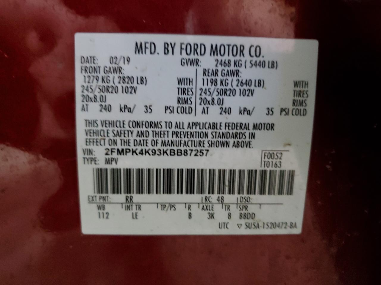 2019 Ford Edge VIN 2FMPK4K93KBB87257 Copart auction photo, rear end / undercarriage damage thumbnail 14